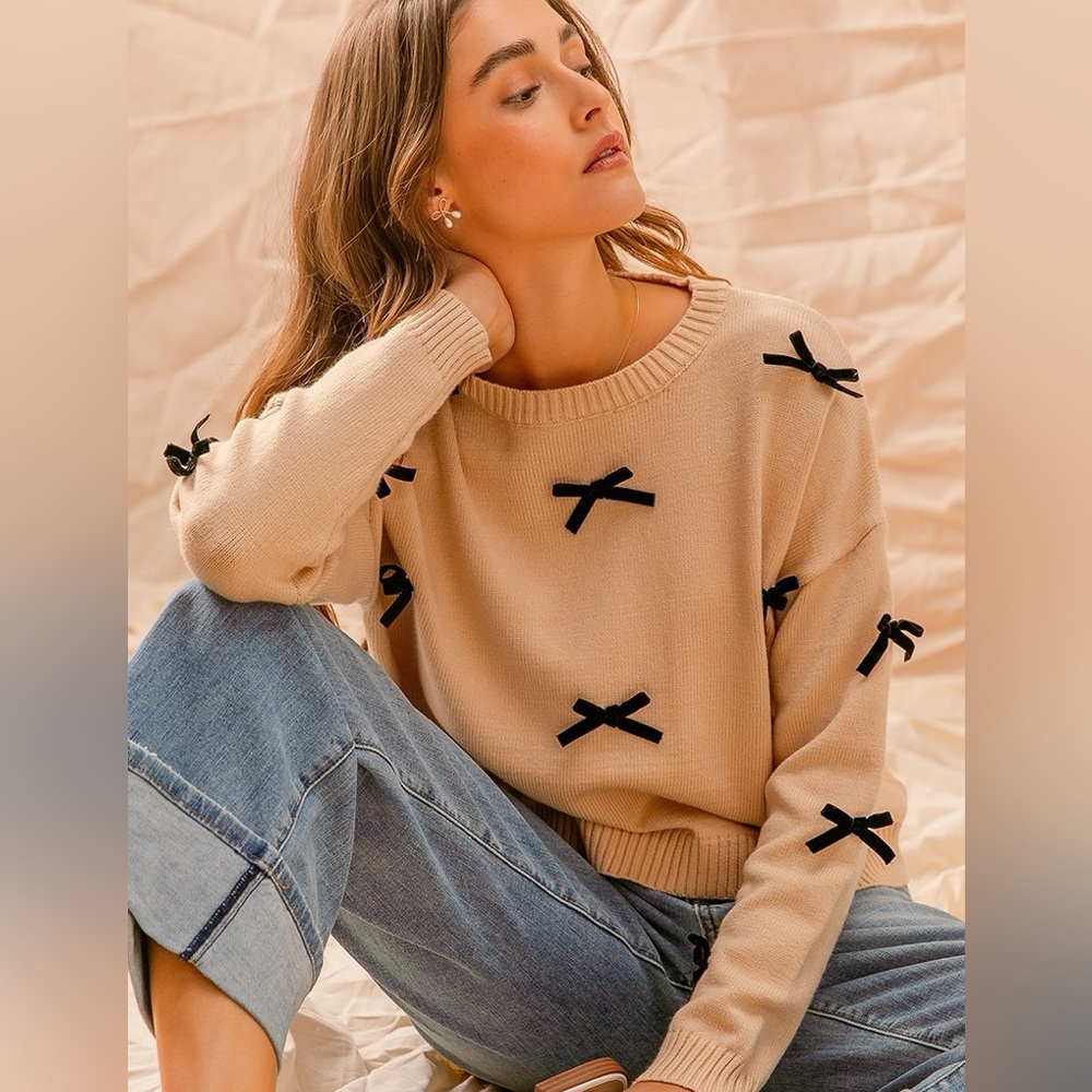Trindy Clozet Boutique Ribbon Bow Applique Sweater in Oatmeal